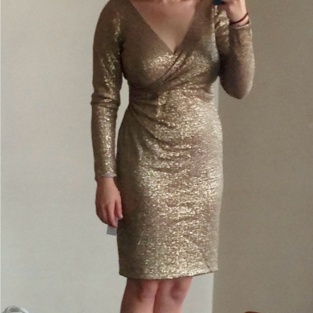 Aidan Mattox Gold Sequin Long Sleeve Wrap Dress
